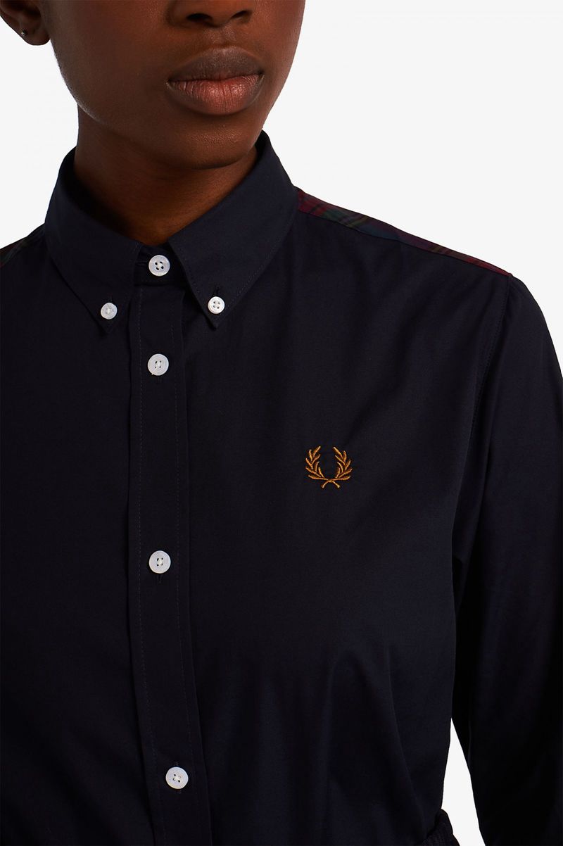 Women's Fred Perry Tartan Panel Shirts Navy | 4081756-WH