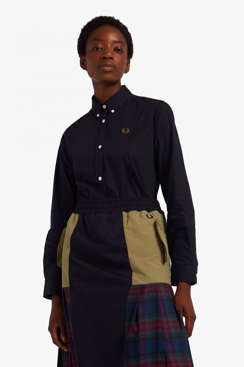 Women's Fred Perry Tartan Panel Shirts Navy | 4081756-WH