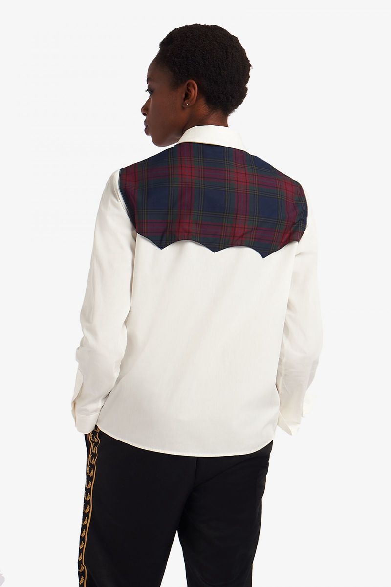 Women's Fred Perry Tartan Panel Shirts White | 8046159-CV