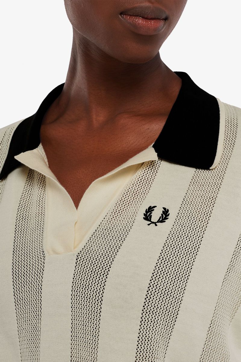 Women's Fred Perry Textured Stripe Knitted Shirts White | 8416097-BJ