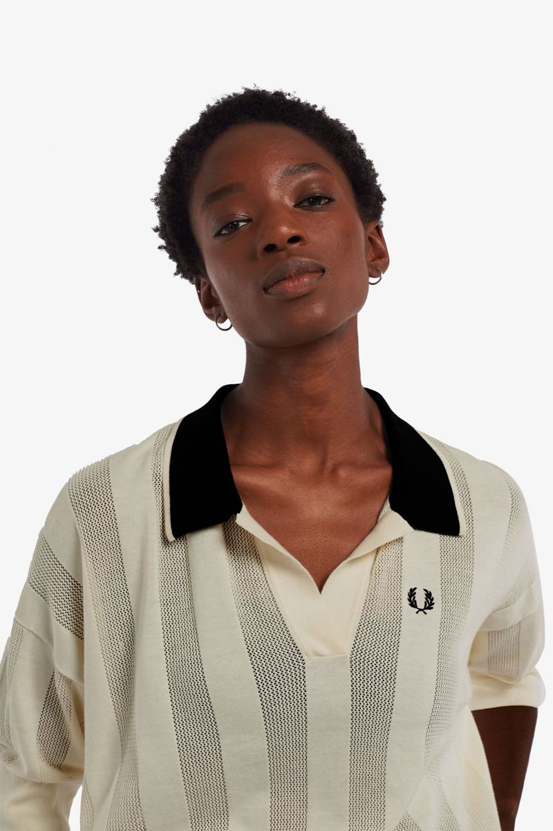 Women's Fred Perry Textured Stripe Knitted Shirts White | 8416097-BJ