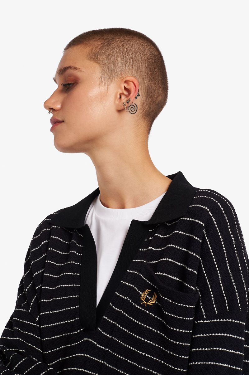 Women's Fred Perry Textured Stripe Knitted Shirts Navy | 9452078-AB