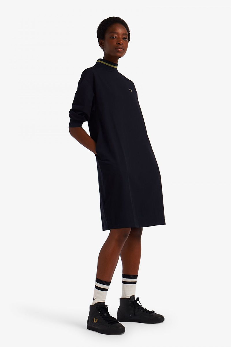 Women's Fred Perry Tipped Mock Neck Dresses Navy | 3102498-LU