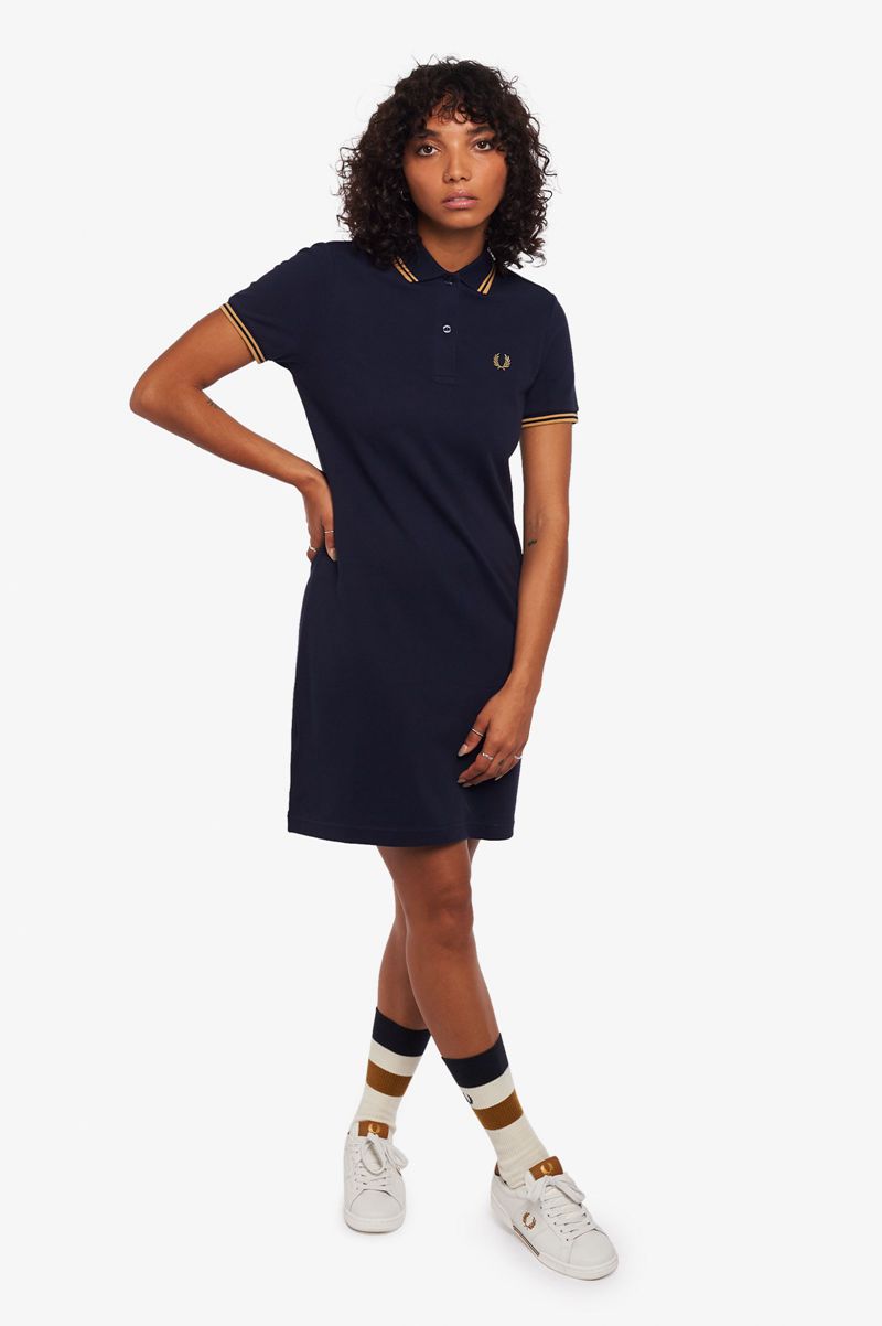 Women's Fred Perry Twin Tipped Shirt Dresses Dark Grey Blue | 0341279-MJ