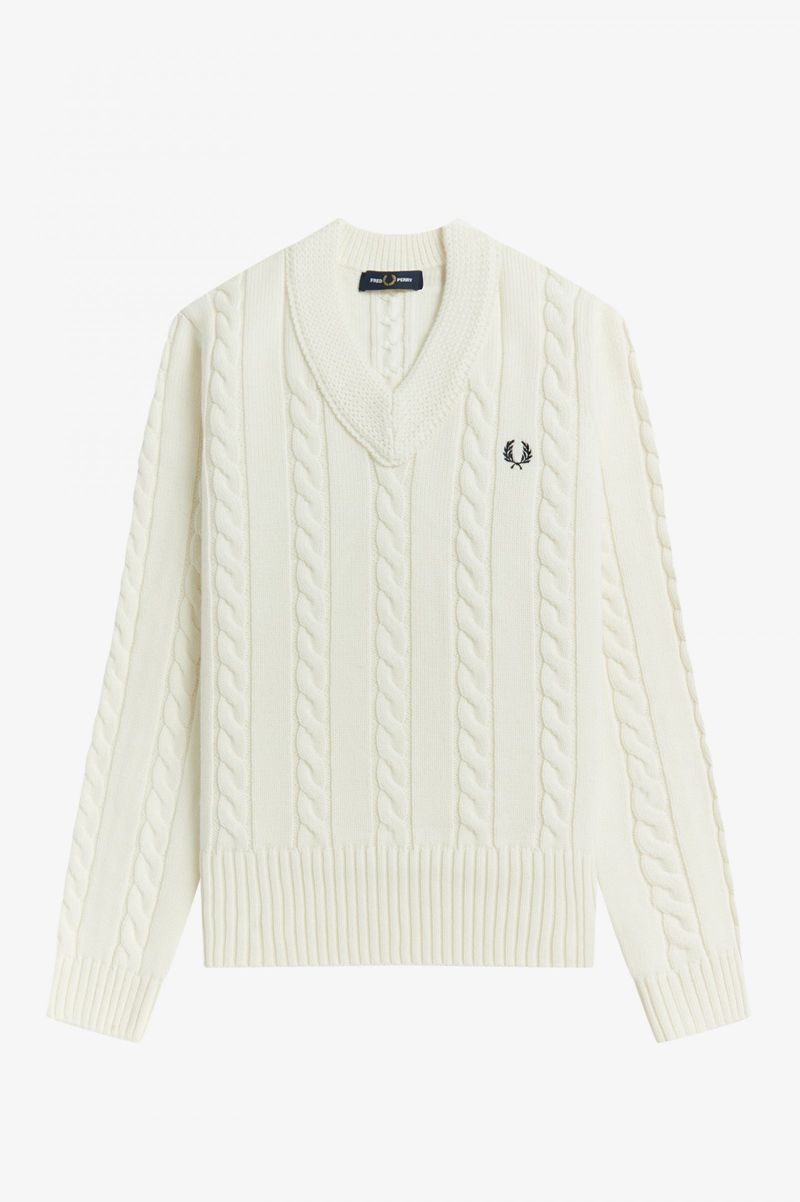 Women's Fred Perry V-Neck Cable Knit Jumper Knitwear White | 9287365-BX