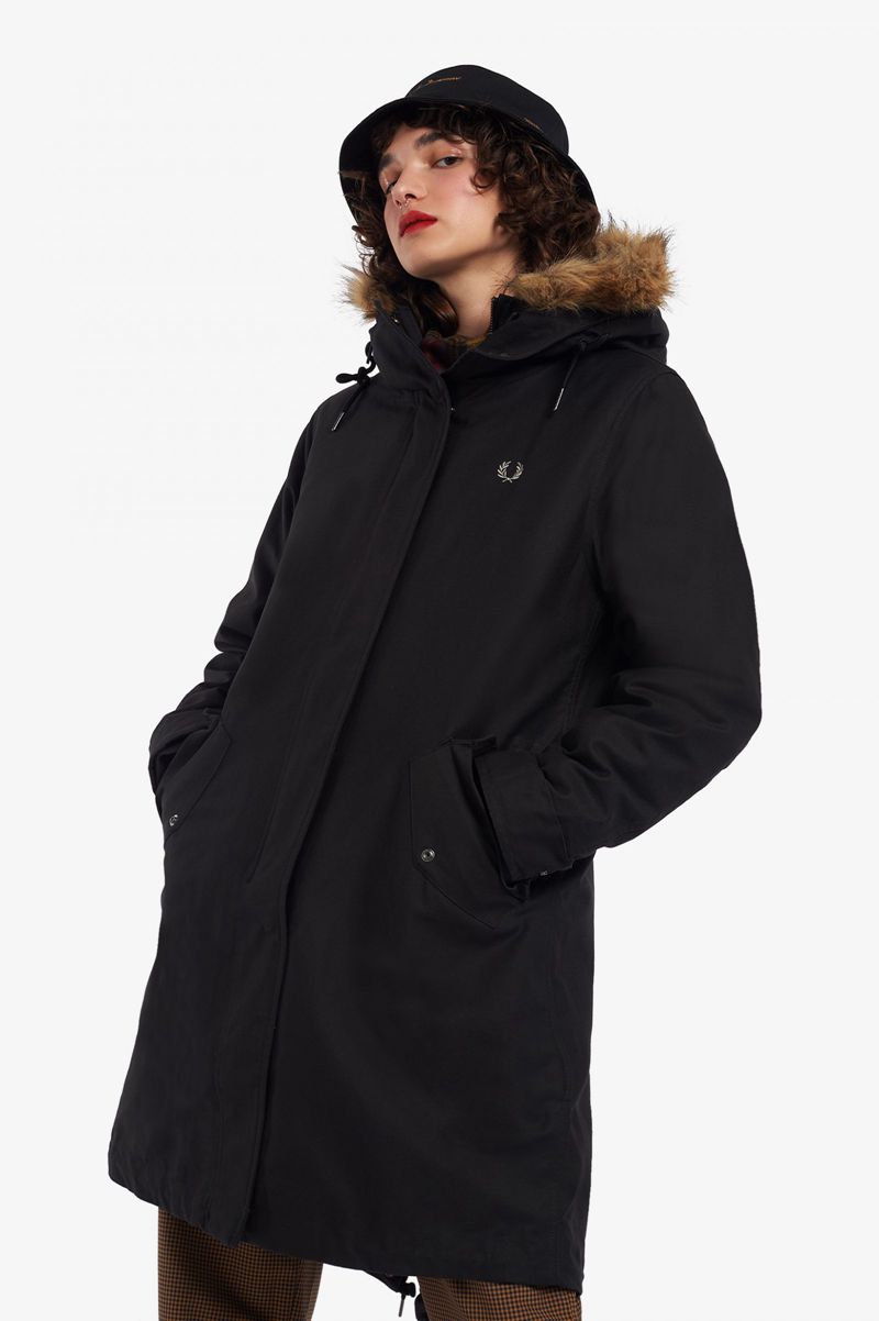 Women\'s Fred Perry Zip-In Liner Parka Jackets Black | 3048971-HI